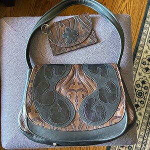 NWOT Leather Brown and Black Patterned Saddlebag with Matching Pouch